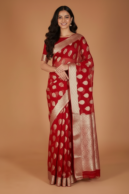 Red Banarasi Chiffon Silk Saree