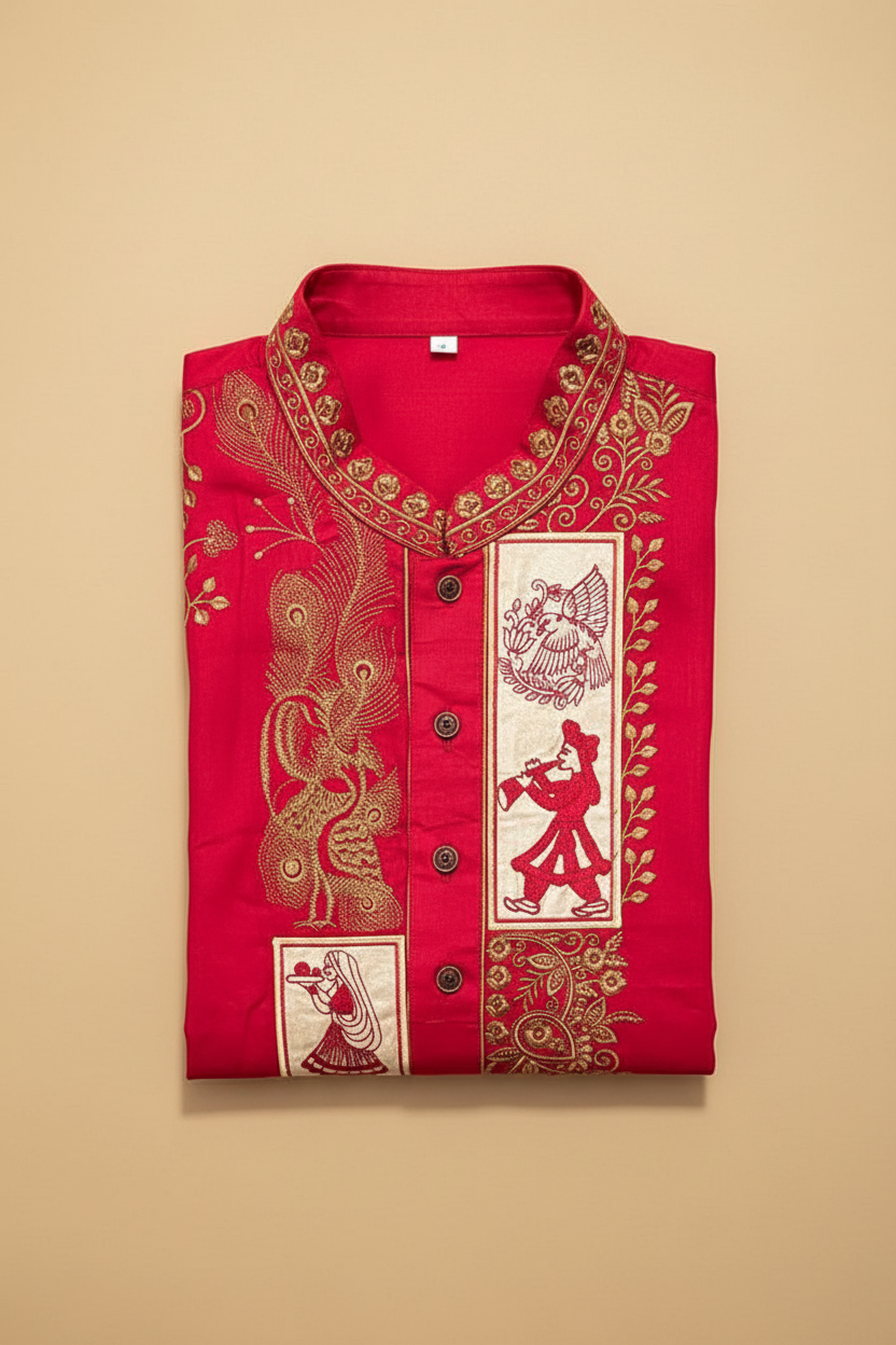Red Embroidered Kurta Folded Collar Up