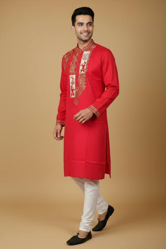 Men's Red Cotton Blend Embroidered Kurta Pant Set