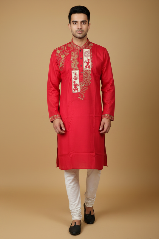 Men's Red Cotton Blend Embroidered Kurta Pant Set