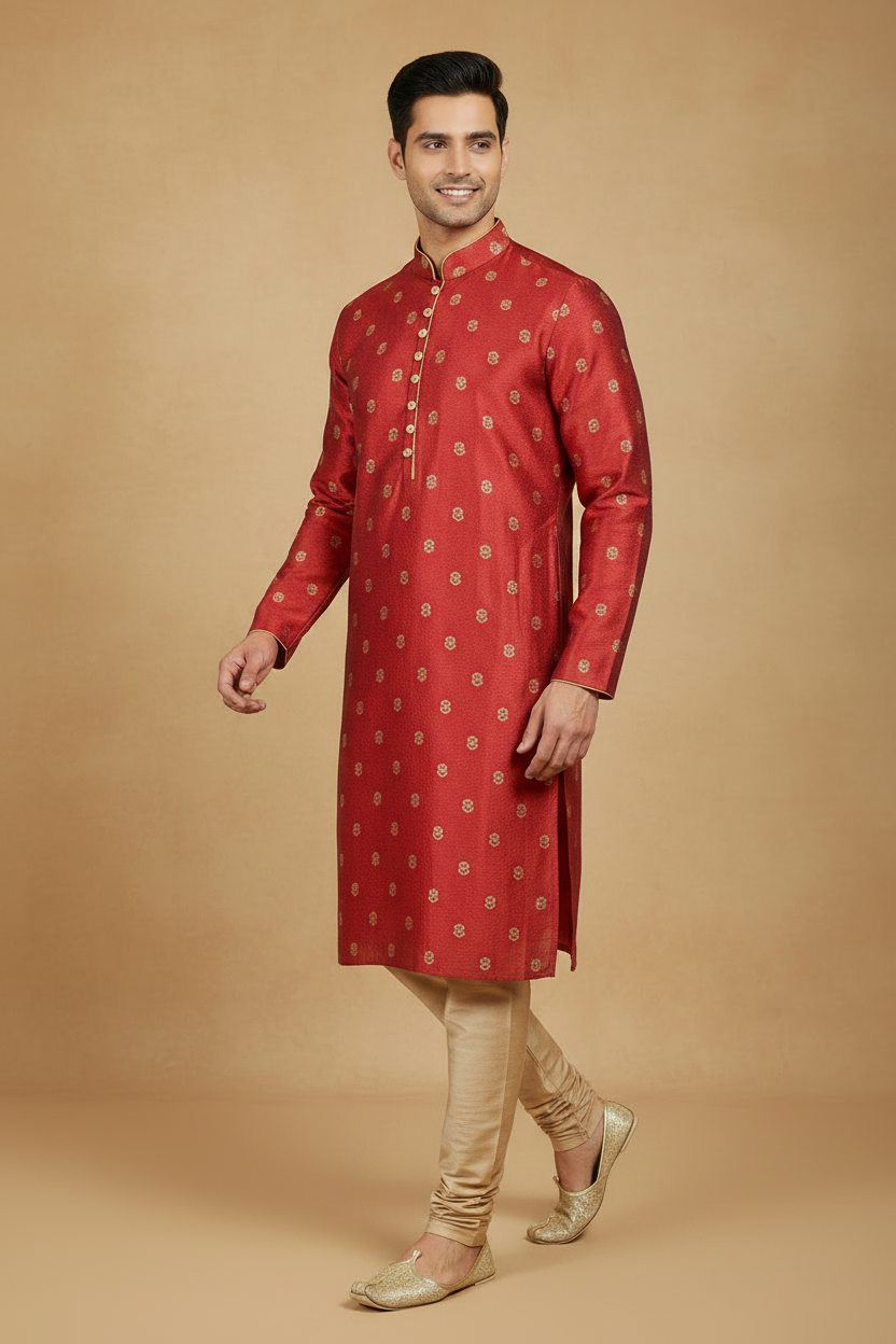 Men's Red Silk Blend Kurta Pant Set