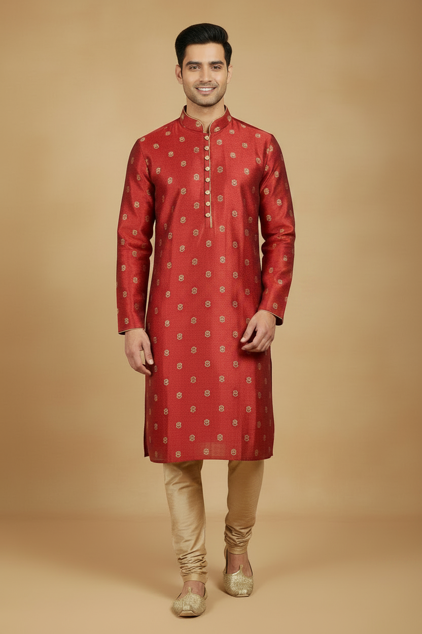 Men's Red Silk Blend Kurta Pant Set