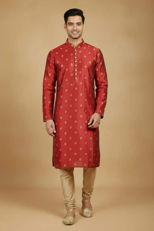 Men's Red Silk Blend Kurta Pant Set
