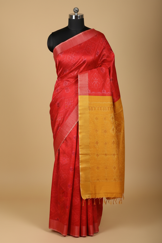 Red Pochampalli Dupion Saree with Mustard Pallu