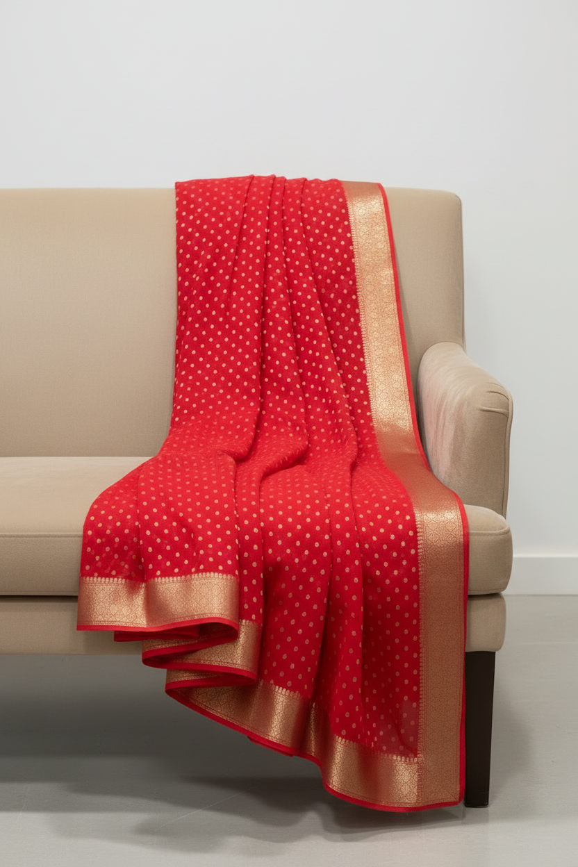 Red saree cascading on sofa