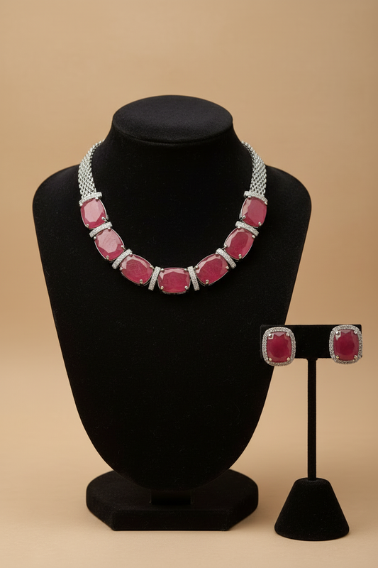 Ruby-Red Necklace with Rounded Cushion Stud Earrings