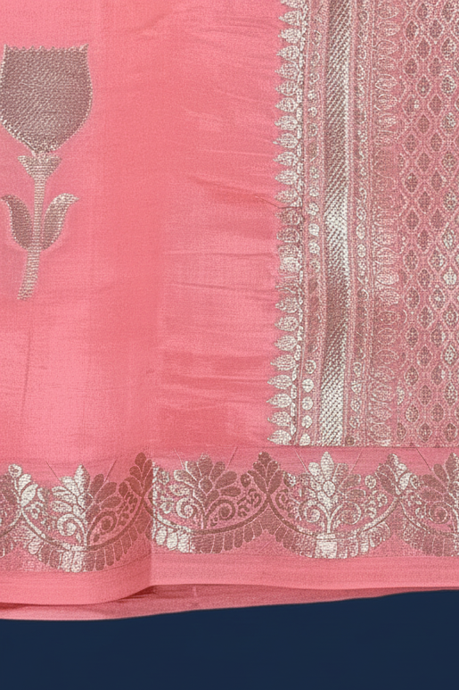 Pink Banarasi Katan Silk Saree with Silver Floral Butis