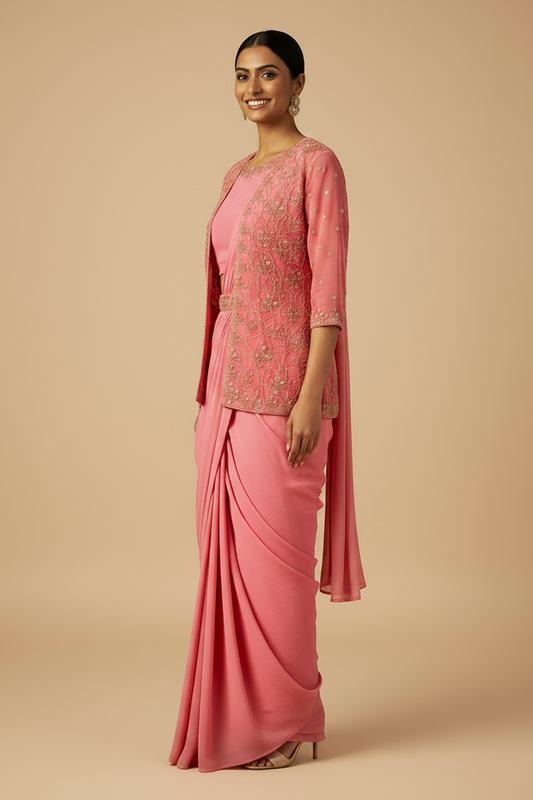 Pink Ready-to-Wear Saree with Embellished Jacket and Belt