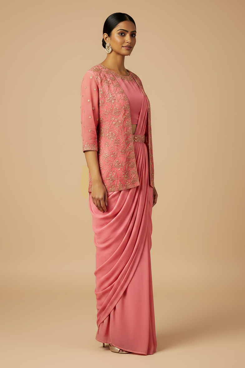 Side/Angled Pose - Pink RTW Saree with Jacket