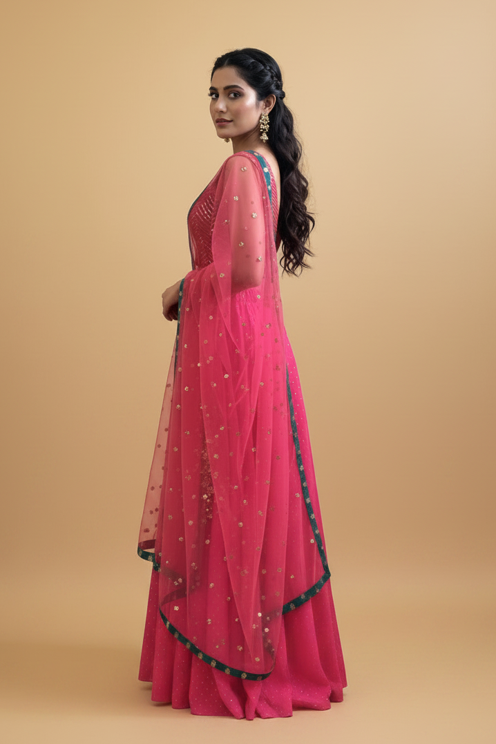 Hot Pink Banarasi Silk Lehenga Set with Sequin Blouse & Teal Net Dupatta