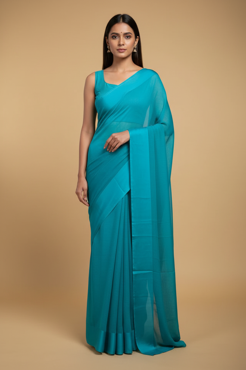 Teal Blue Georgette Saree on Model with Sleeveless Blouse