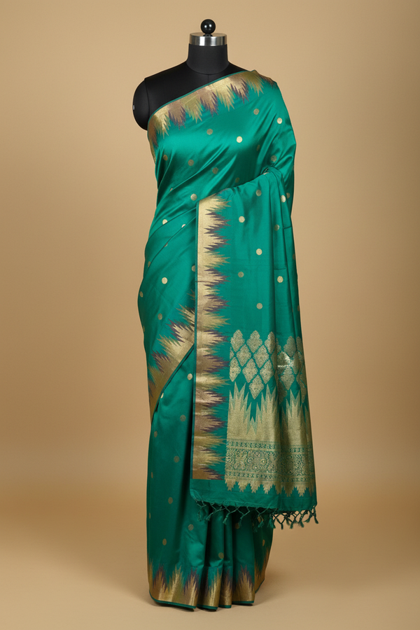 Teal Pure Kanjeevaram Silk Temple Border Saree