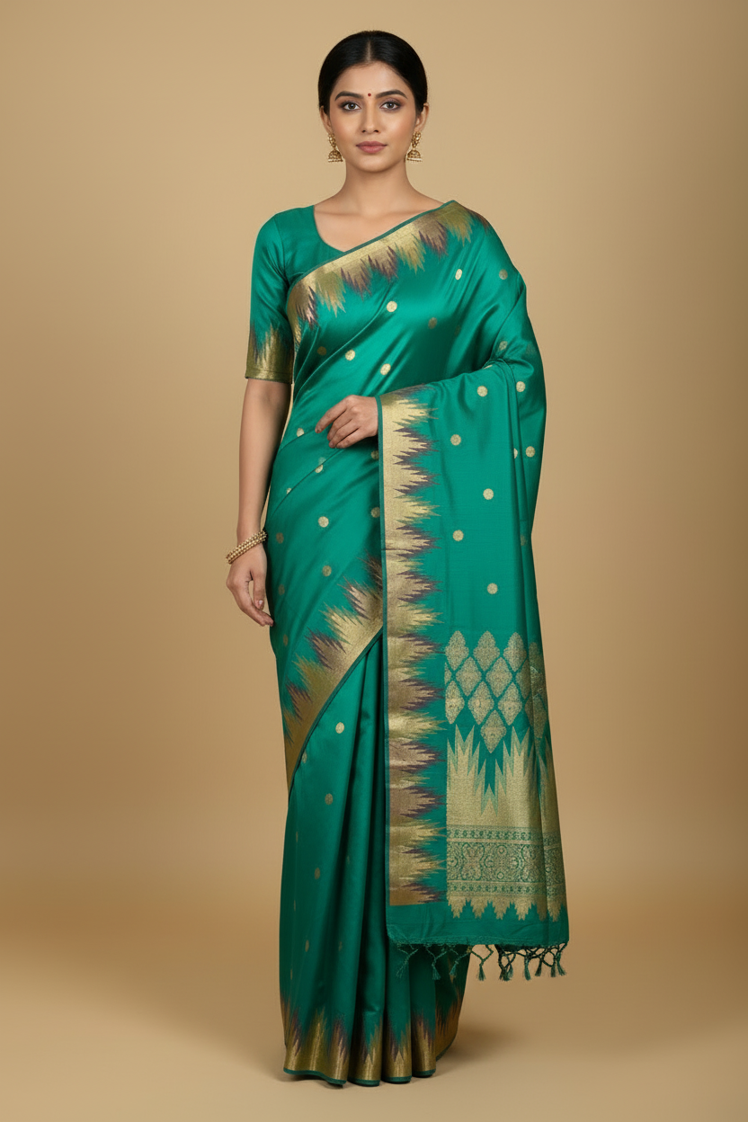 Teal Kanjeevaram Temple Border Saree - Model