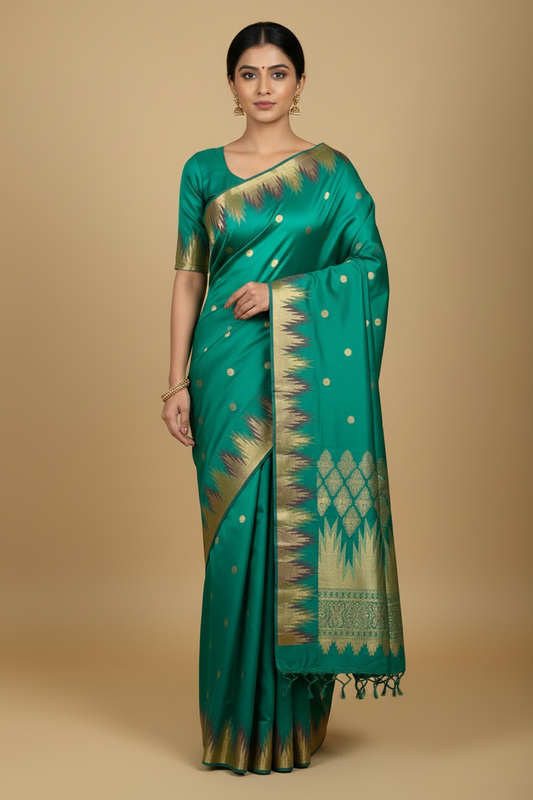 Teal Kanjeevaram Temple Border Saree - Model