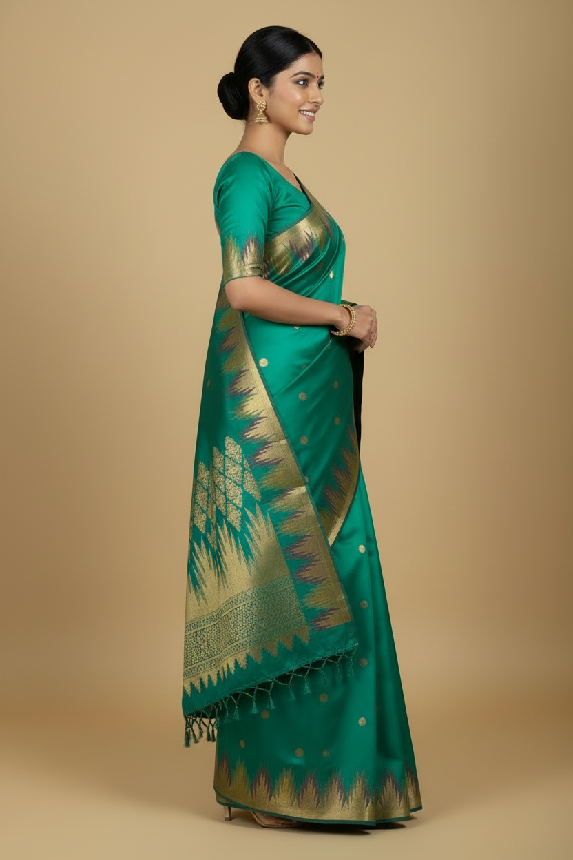 Teal Pure Kanjeevaram Silk Temple Border Saree