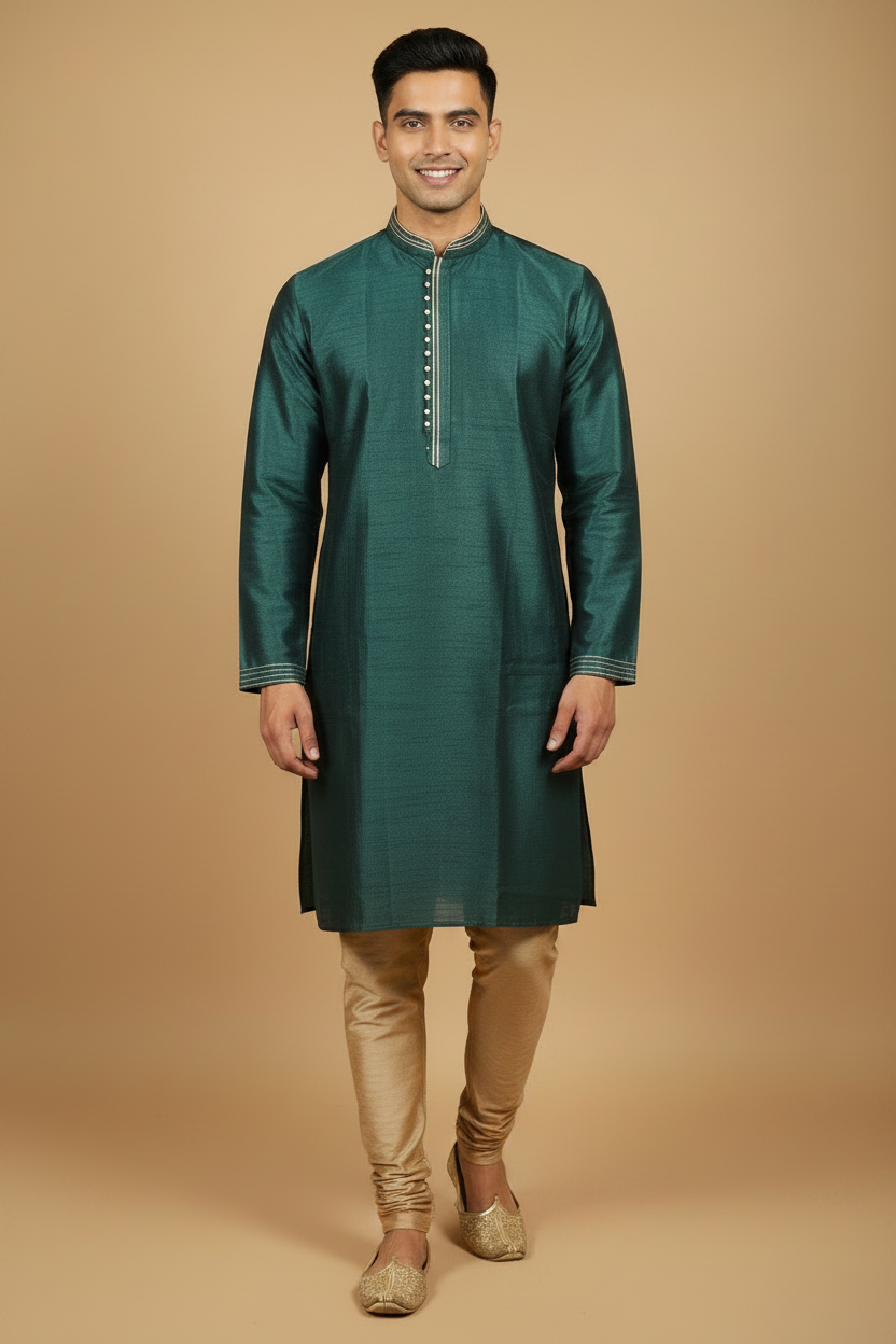 Men's Dark Green Silk Blend Kurta Pant Set