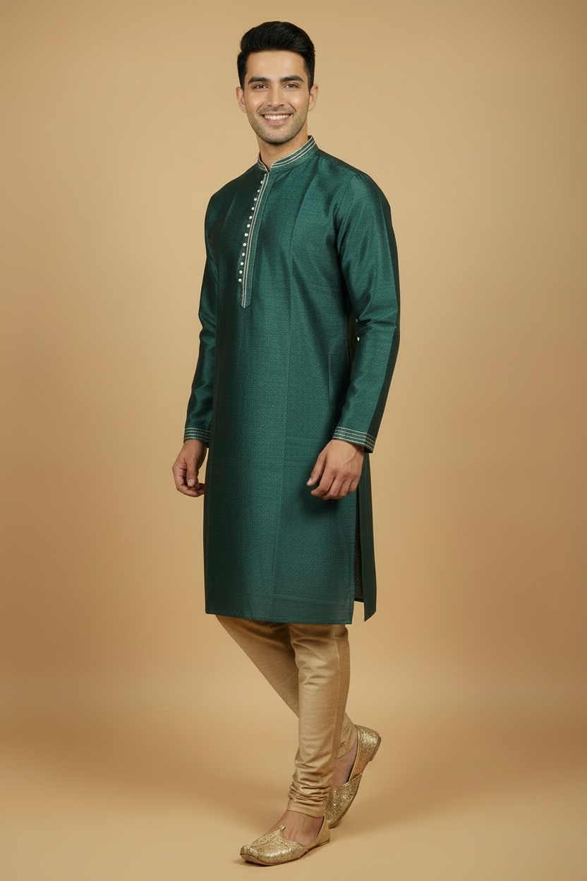 Men's Dark Green Silk Blend Kurta Pant Set