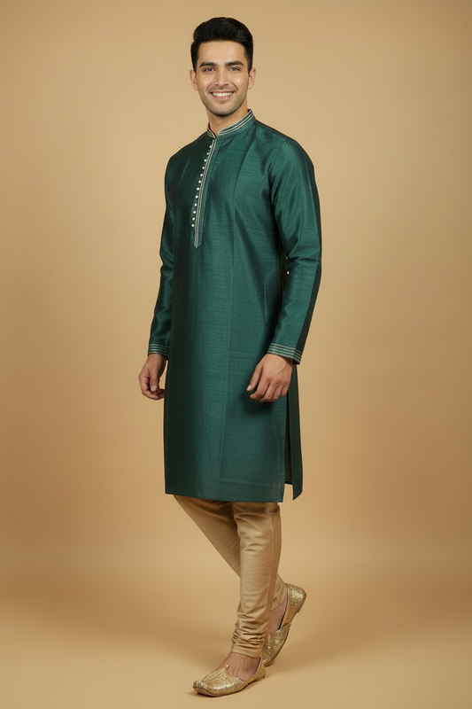 Men's Dark Green Silk Blend Kurta Pant Set