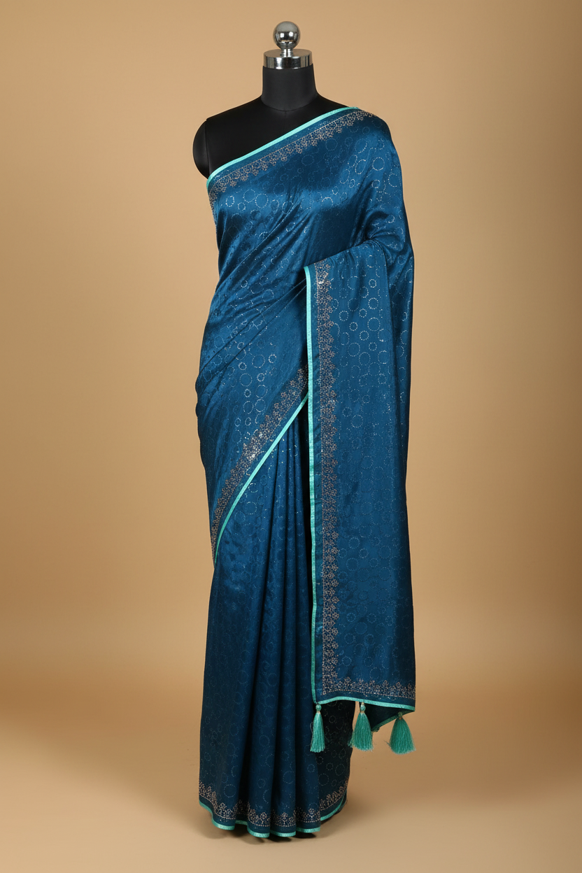 Teal Saree - Mannequin No Separate Pallu