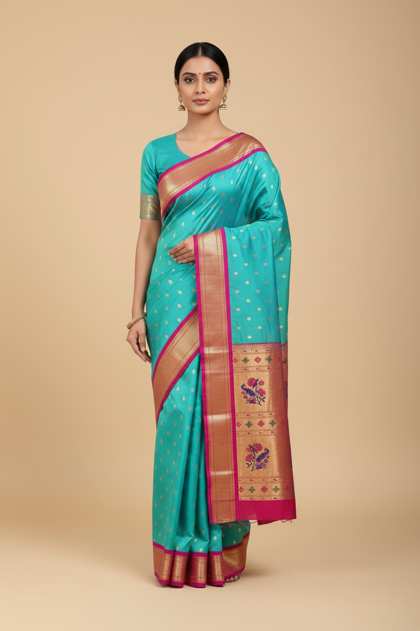 Turquoise Paithani Saree on Model