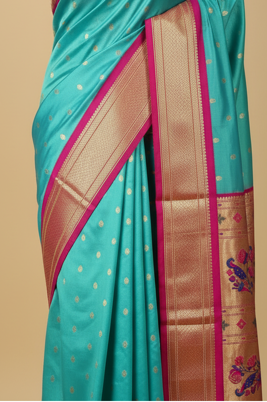 Turquoise Silk Saree Mid-Torso Close-Up