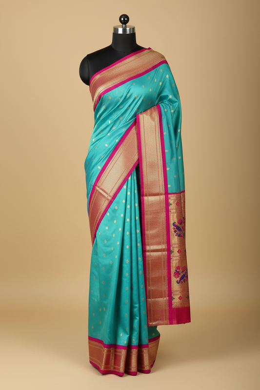 Turquoise Silk Saree on Black Mannequin