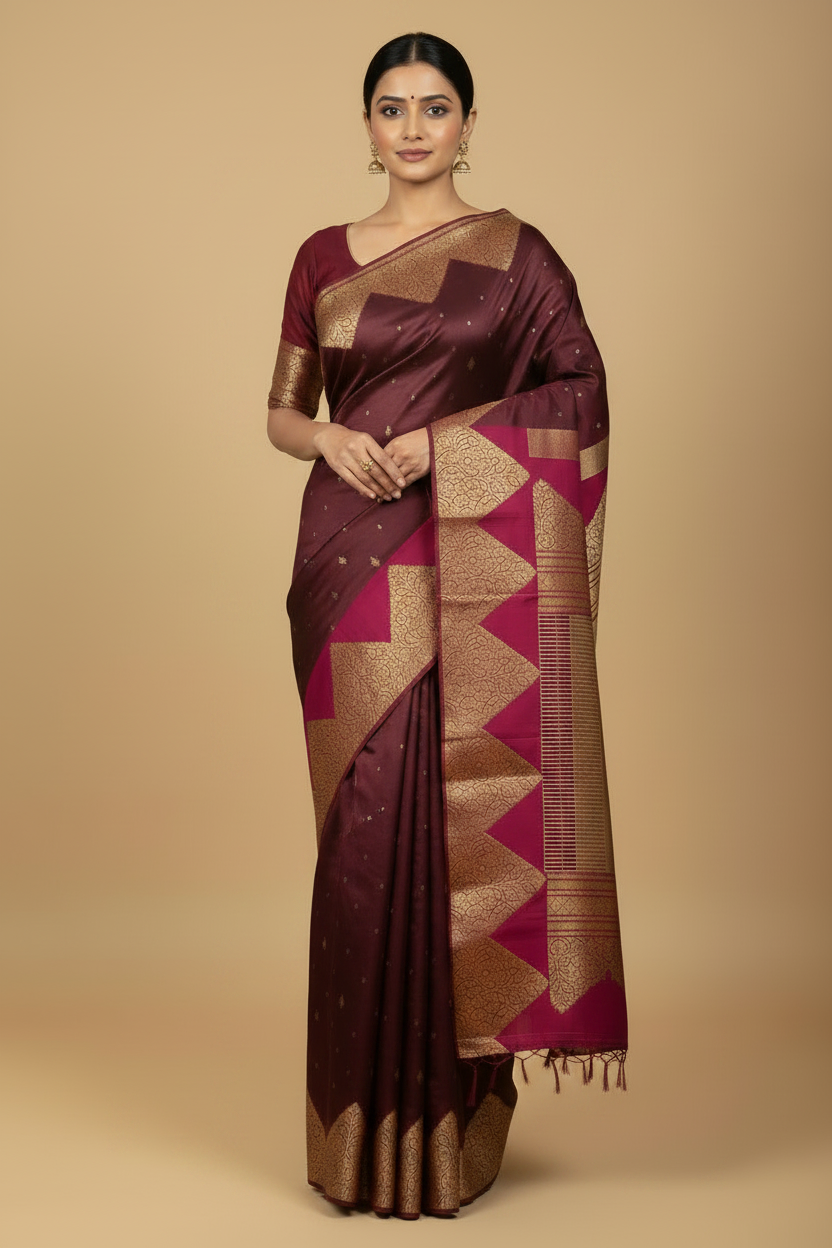 Burgundy & Magenta Pure Kanjeevaram Silk Saree with Temple Border