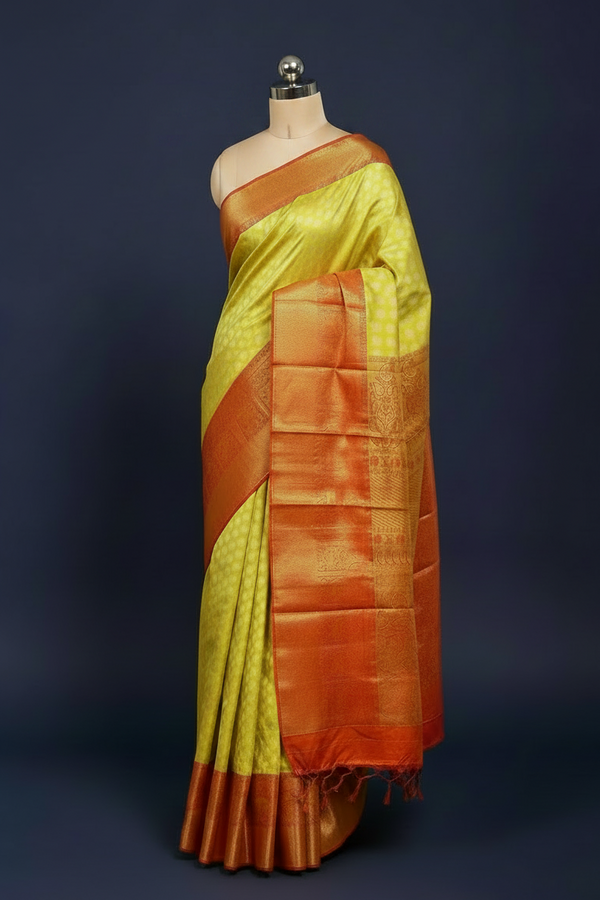Yellow Pure Kanjeevaram Silk Saree with Red Border