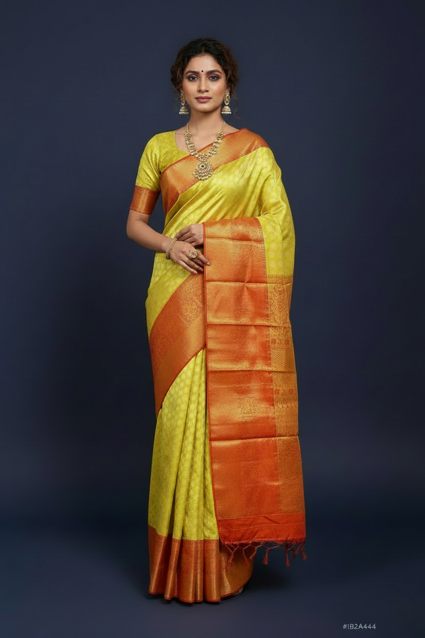 Yellow Pure Kanjeevaram Silk Saree with Red Border