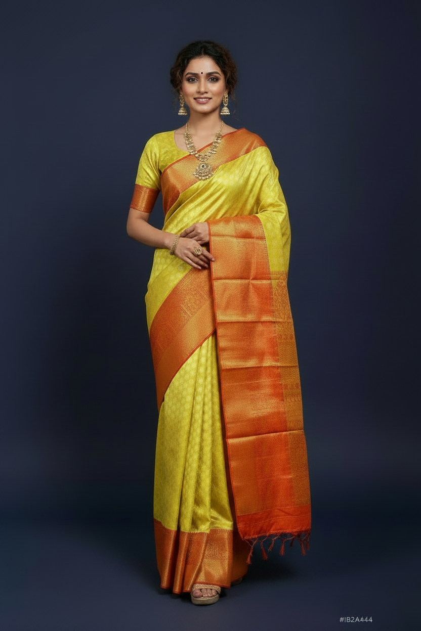 Yellow Pure Kanjeevaram Silk Saree with Red Border